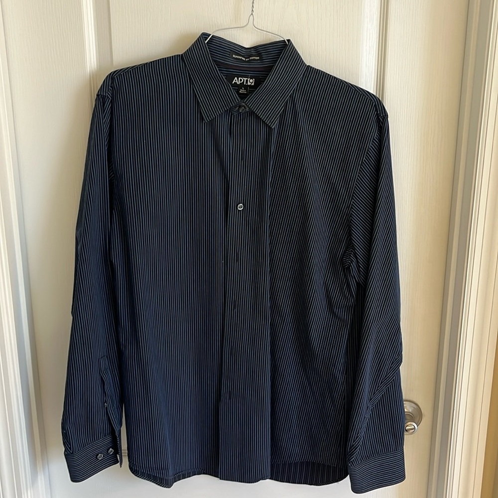 Apt. 9 L dress shirt with dark blue with gray and Lt blue vertical stripes